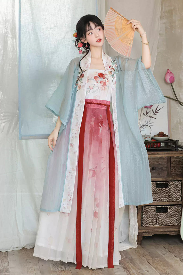 Multi-Color [Lychee Blossom Shoot] Half Sleeves Printed Embroidered Women's Sweet Hanfu Set - Product - 4