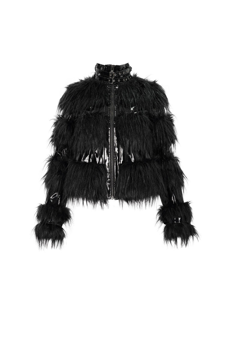 Black Metal Buckle Loop Stand Up Collar Splice Patent Leather Woolen Women's Punk Coat - Product - 7