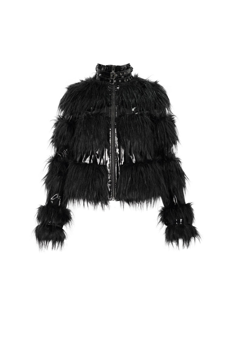 Black Metal Buckle Loop Stand Up Collar Splice Patent Leather Woolen Women's Punk Coat - Product - 7