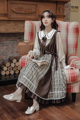 White/Brown Campus Style Doll Collar Lantern Sleeves Plaid Sweet Lolita OP Dress - Product - 3