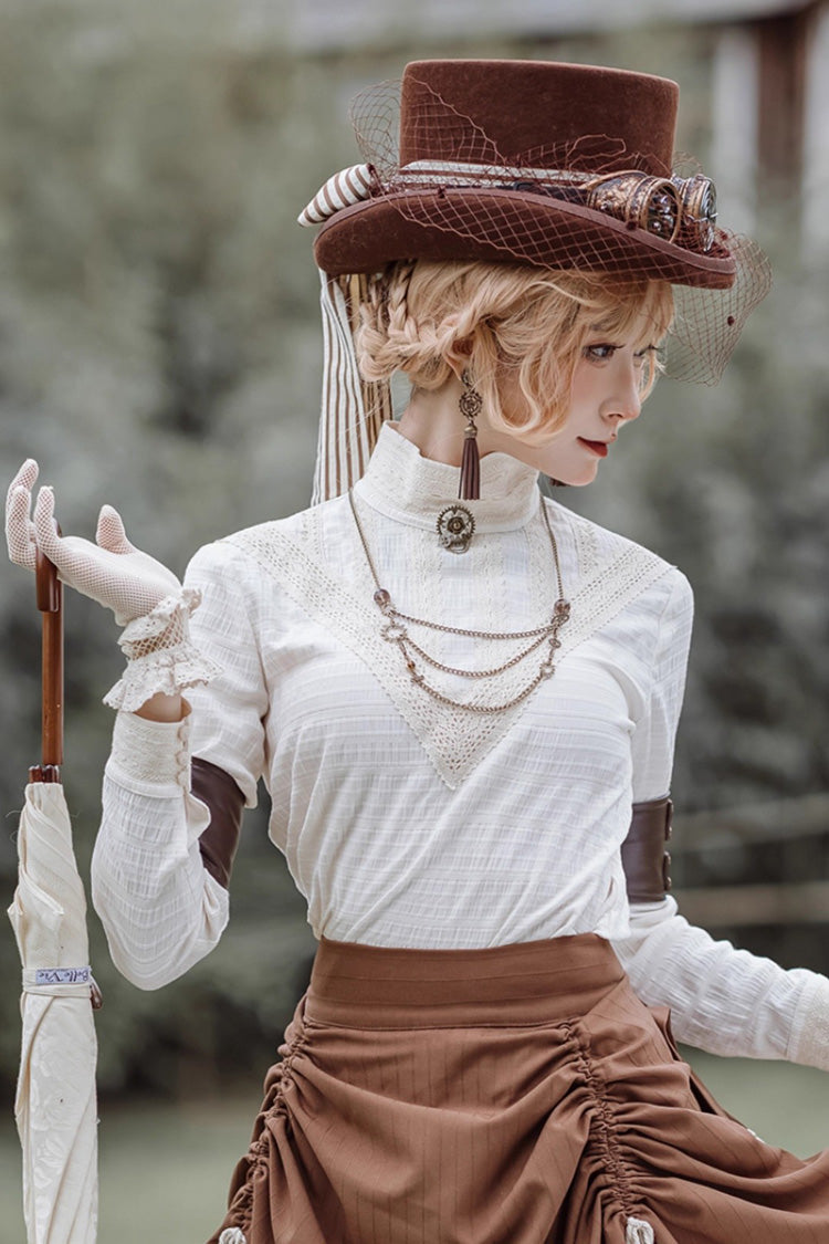 White Victorian Style Stand Collar Long Sleeves Embroidery Lace Classic Vintage Ouji Lolita Blouse - White - 1