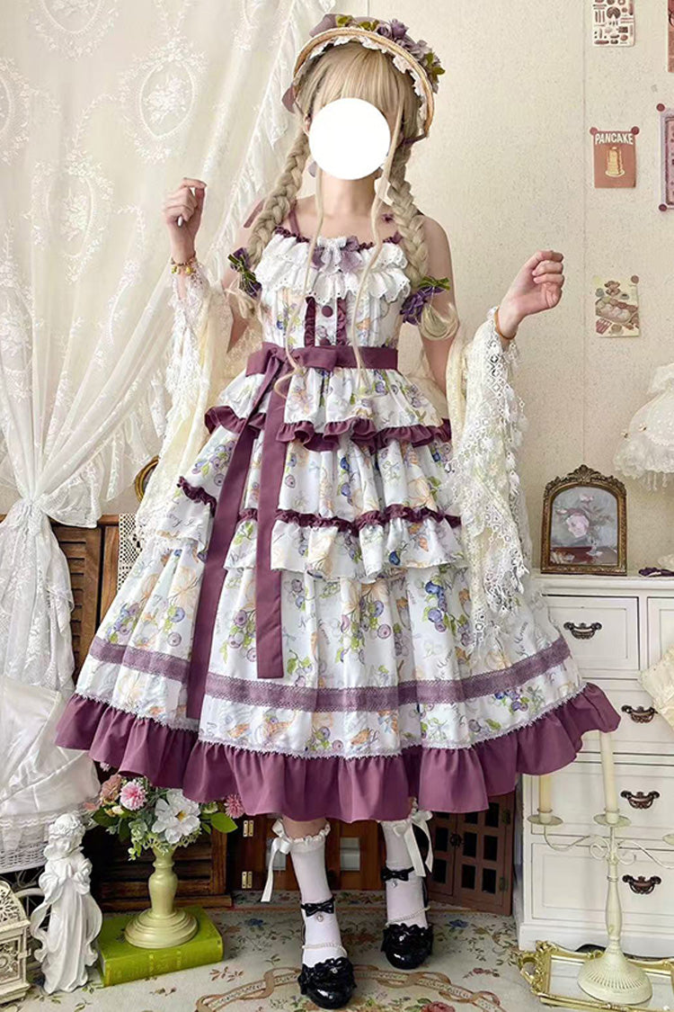 [Blueberry Early Summer] Sleeveless Triple-Layered Print Ruffle Bowknot Lace Sweet Lolita Jsk Dress 2 Colors - Product - 2