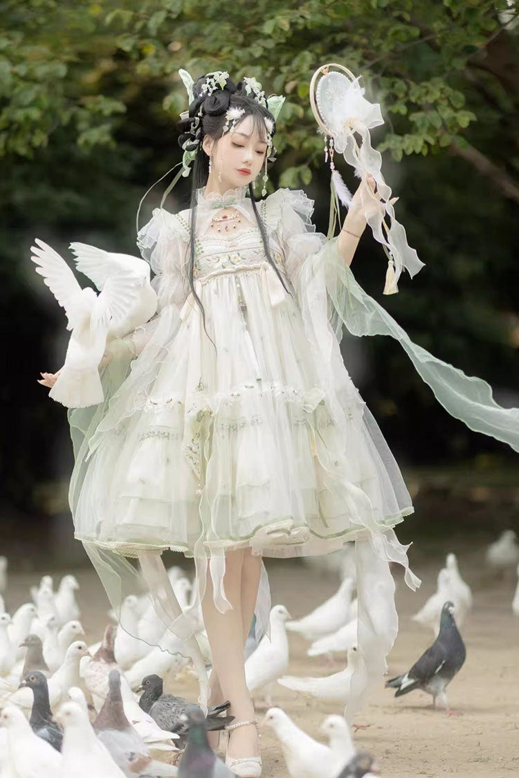Ivory [Luo Ling Fu] Ruffle Embroidery Bowknot Lace Sweet Chinese Style Lolita Jsk Dress - Product - 8