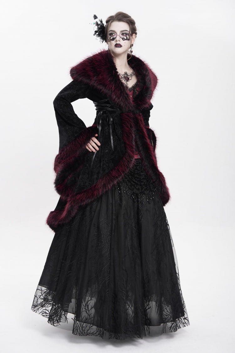Red Long Sleeves Floral Embroidery Women's Gothic Fluffy Coat - Product - 9