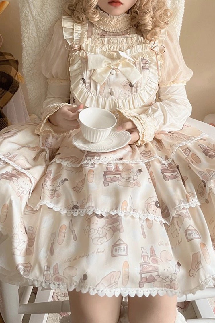 Beige Sleeveless Triple-Layered Print Ruffle Bowknot Sweet Plus Size Lolita Jsk Dress - Product - 7