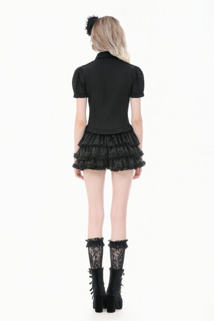 Black Pointed Turn‑down Collar Ruffled Short Puff Sleeves Pleated Women's Gothic Victorian Slim Blouse - Product - 4