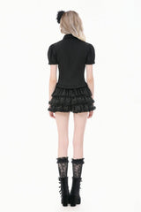 Black Pointed Turn‑down Collar Ruffled Short Puff Sleeves Pleated Women's Gothic Victorian Slim Blouse - Product - 4