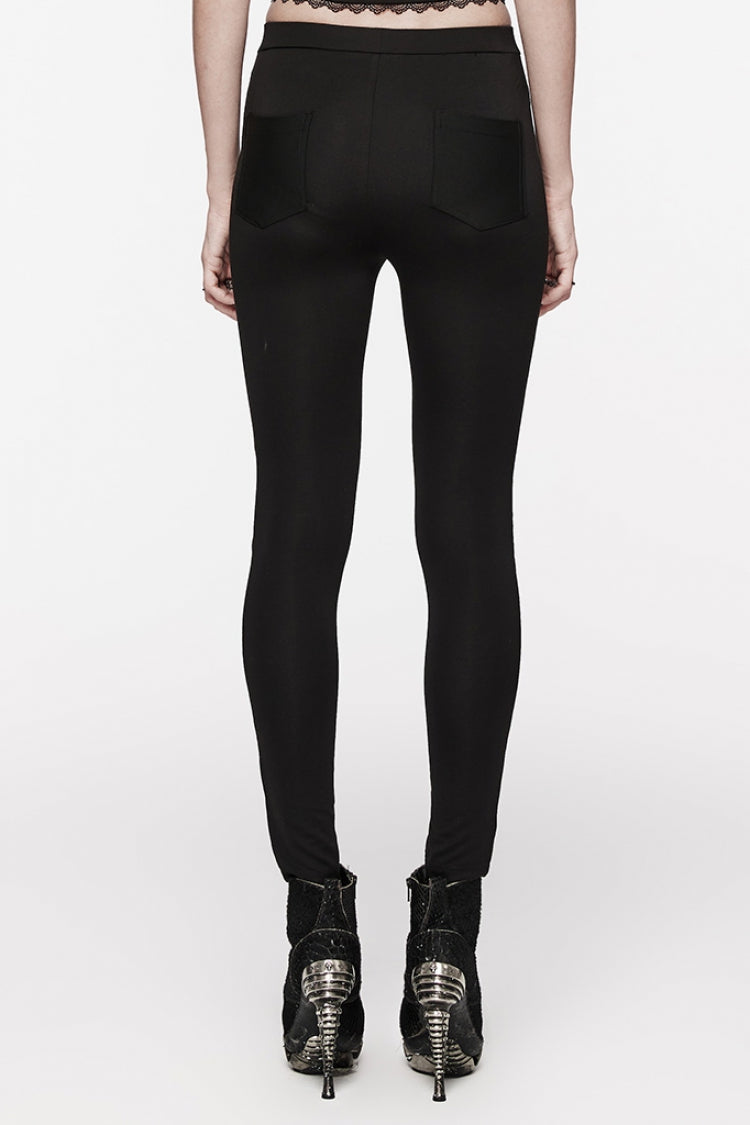 Black Floral Print Hollow Stitching Lace Slim Women's Gothic Leggings - Product - 3
