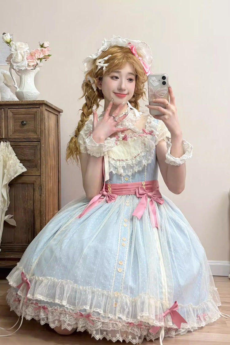 Blue [Sakura’s Spring Resonance] Sleeveless Ruffled Bow Sweet Lolita Jsk Dress (Short Version) - Product - 2