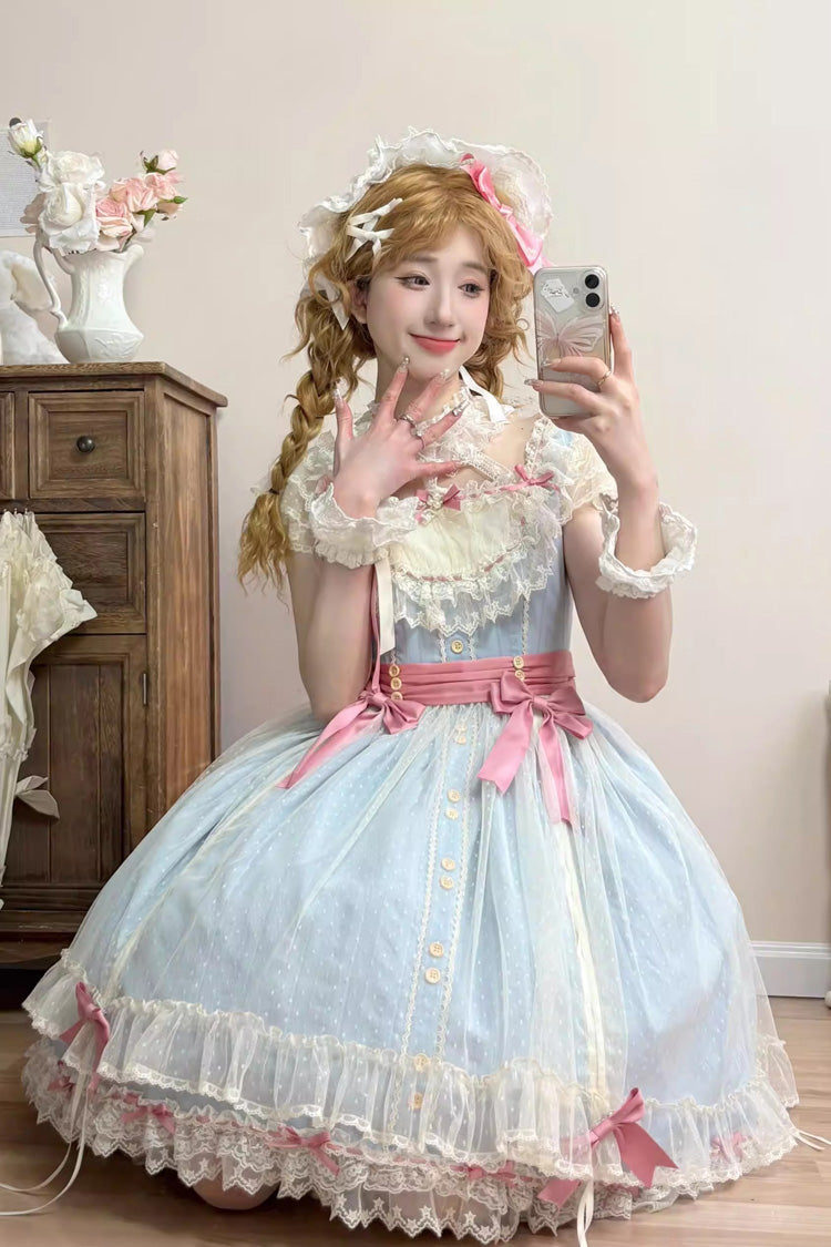 Blue [Sakura’s Spring Resonance] Sleeveless Ruffled Bow Sweet Lolita Jsk Dress (Short Version) - Product - 2