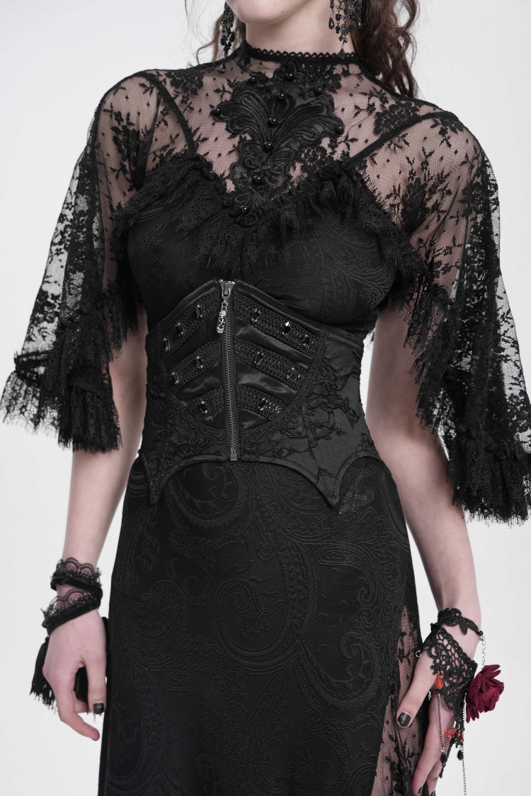 Black Batwing Beaded Lace-Up Zipper Women's Underbust Corset - Product - 4