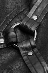 Black Stand Collar Long Sleeves Metal Ring Woven Strap Womens Gothic Long Coat - Product - 5