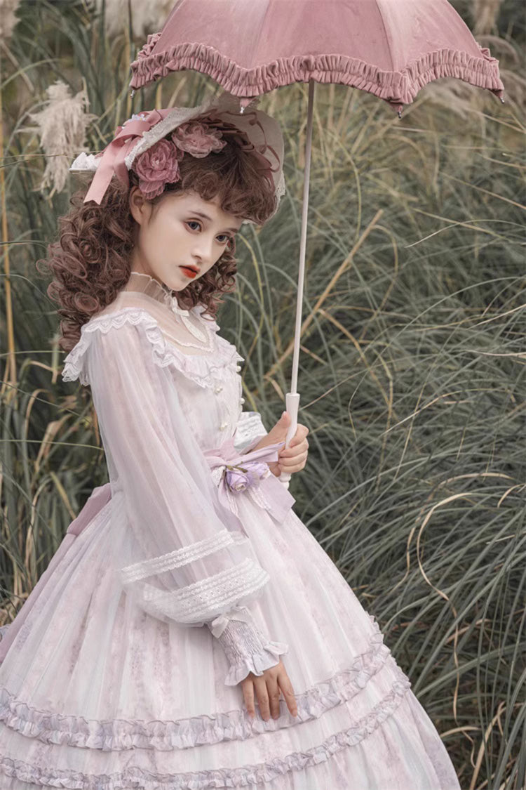 Light Purple Long Sleeves Ruffle Bowknot Lace Sweet Plus Size Elegant Lolita Dress - Product - 5
