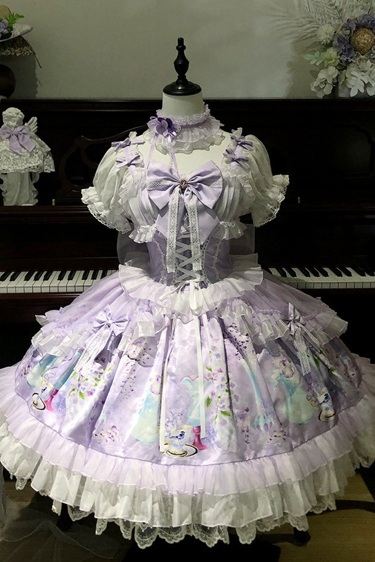 Purple [Wisteria Garden] Square Collar Triple-Layered Printed Ruffled Bow Lace Sweet Lolita Dress Set - Product - 3