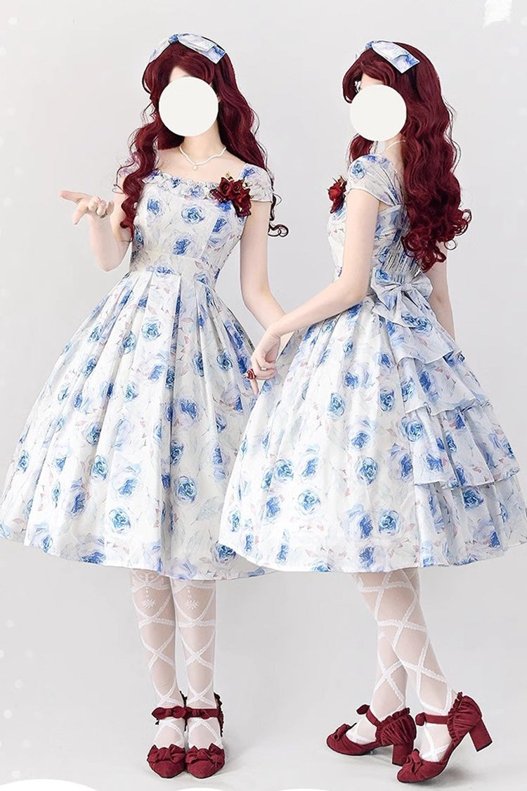 Blue/White Rose Print [Forest Basket] Bowknot Sweet Elegant Lolita Jsk Dress - Blue/White - 1