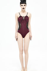 Wine Splice Mesh Lace-Up Chest Hand-Cranked Waist Women's Gothic One-Piece Swimsuit - Product - 4