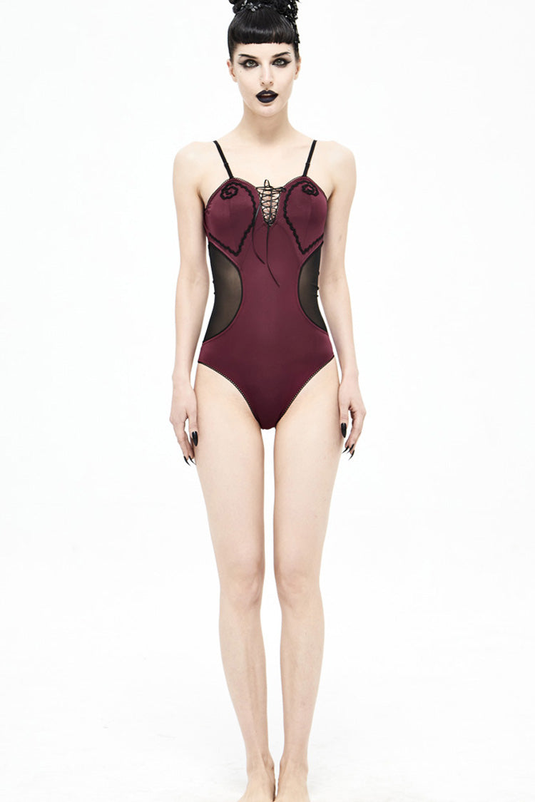 Wine Splice Mesh Lace-Up Chest Hand-Cranked Waist Women's Gothic One-Piece Swimsuit - Product - 4