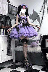 Black/Purple [Halloween Little Witch] Sleeveless Double-Layered Ruffle Bowknot Lace-Up Gothic Lolita Jsk Dress - Product - 6