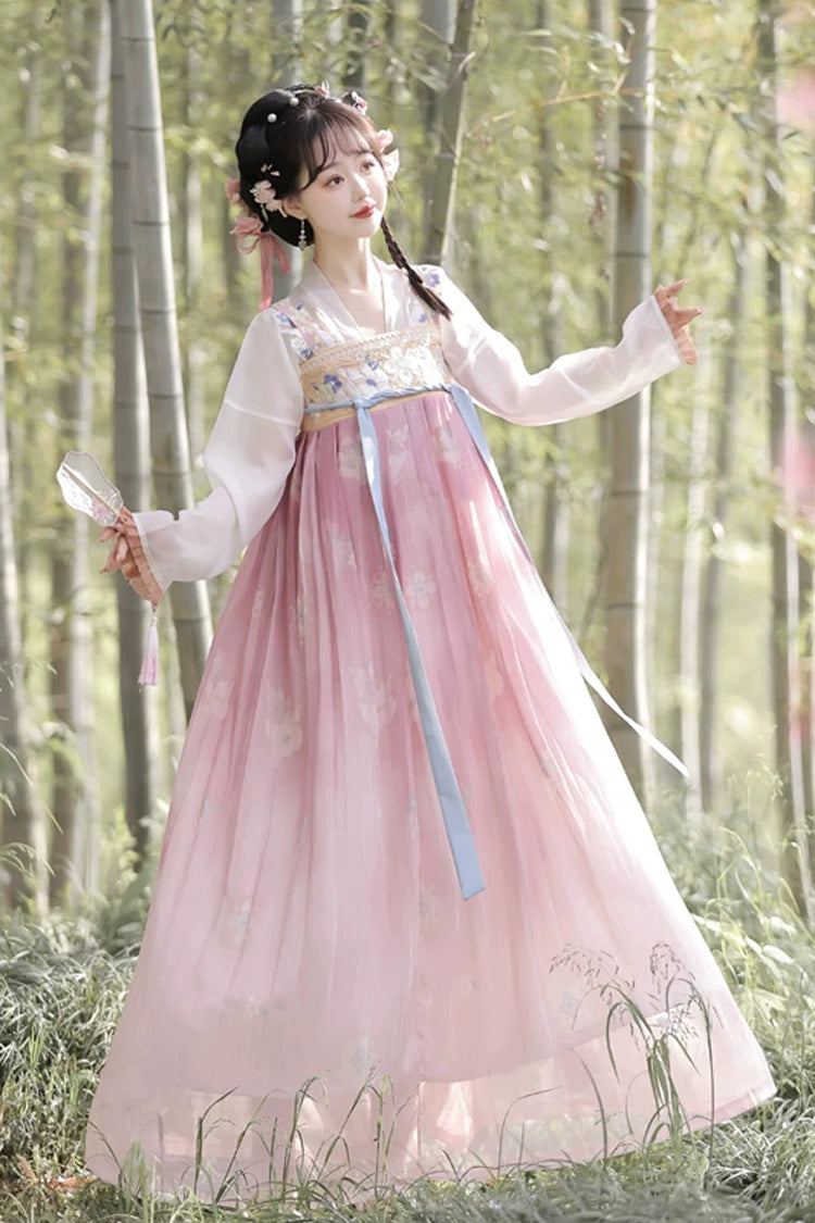 Pink Long Sleeves Tang-Style Qixiong Ruqun Printed Lace Sweet Hanfu Dress Set - Product - 5