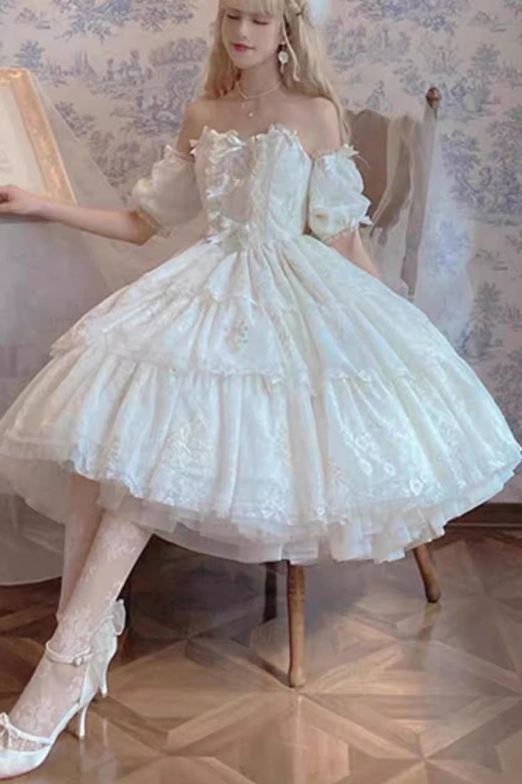 White Short Sleeves Multi-layer Print Hanayome Bowknot Sweet Princess Lolita Strapless Dress - Product - 7