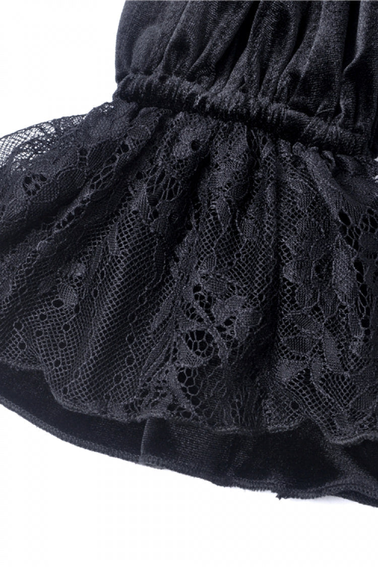 Black V-neck Long Sleeves Ruched Ruffled Lace Women's Lolita Gothic Velvet Dress - Product - 15