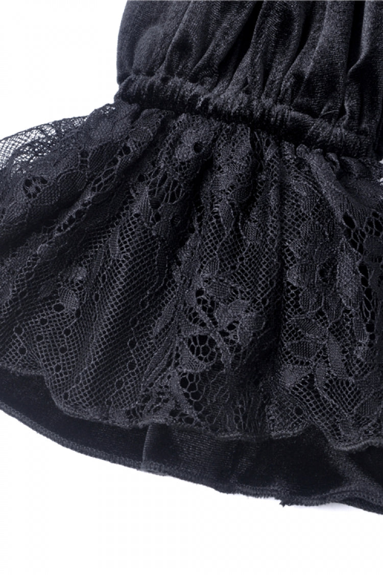 Black V-neck Long Sleeves Ruched Ruffled Lace Women's Lolita Gothic Velvet Dress - Product - 15