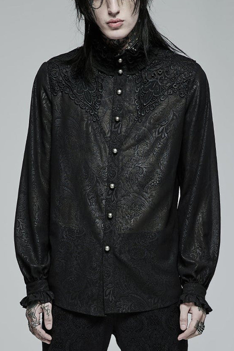 Black Stand Collar Ruffle Floral Embroidery Mens Gothic Blouse - Black - 1