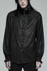 Black Stand Collar Ruffle Floral Embroidery Mens Gothic Blouse - Black - 1