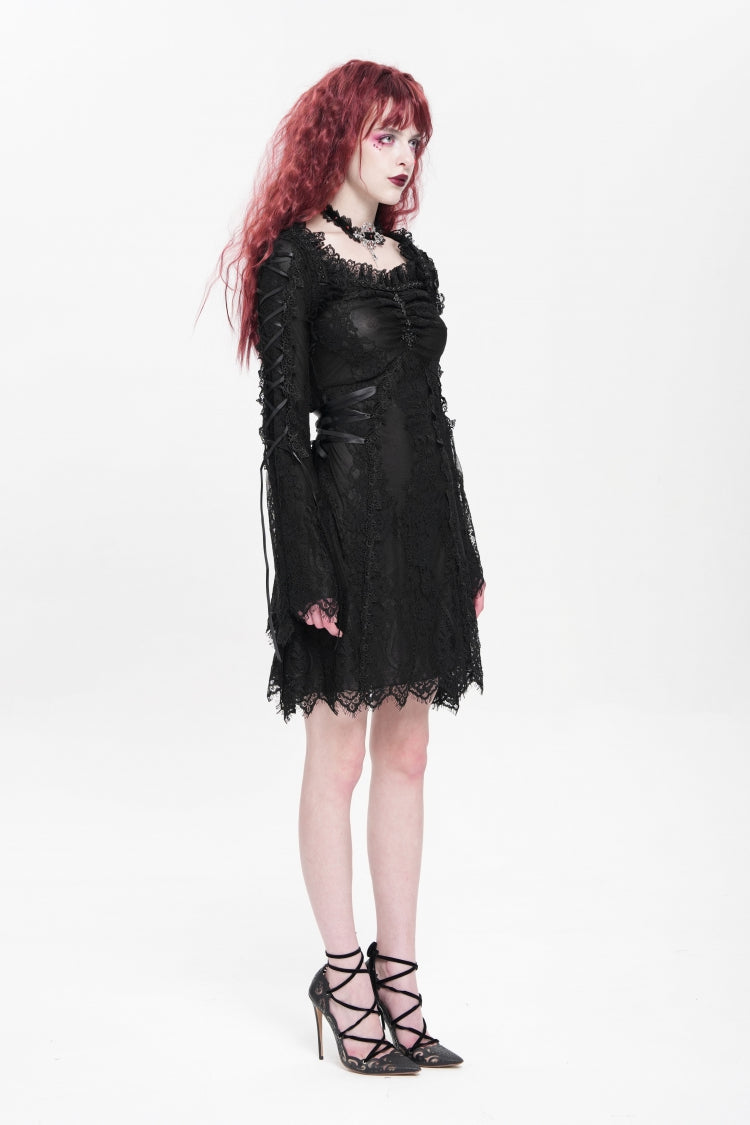 Black Square Collar Long Trumpet Sleeves Embroidered Lace-Up Women's Gothic Dress - Product - 7