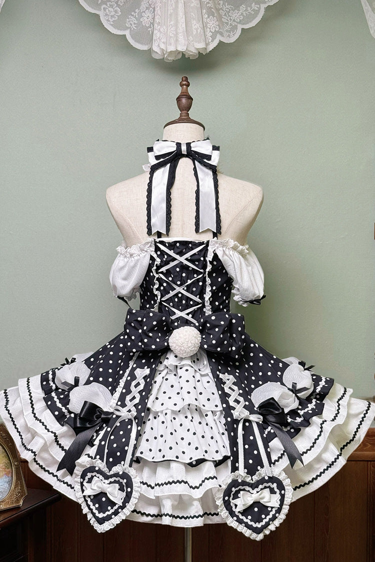 Black/White Halterneck Short Sleeves Triple-Layered Polka Dot Printed Bow Lace-Up Sweet Lolita Dress - Product - 7