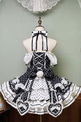 Black/White Halterneck Short Sleeves Triple-Layered Polka Dot Printed Bow Lace-Up Sweet Lolita Dress - Product - 7