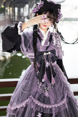 Purple [Violet Gauze Lily] Stand Collar Long Sleeves Ruffled Embroidered Bow Classic Chinese Style Elegant Gorgeous Lolita Dress Set - Product - 11