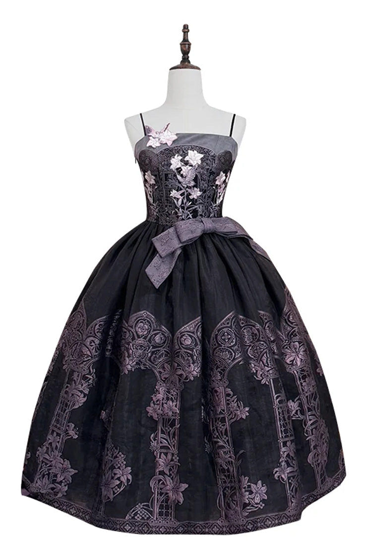 [Stained Glass Dream] Square Collar Sleeveless Printed Embroidered Bow Gothic Lolita Jsk Dress 2 Colors(Black/Purple, White/Purple) - Product - 3
