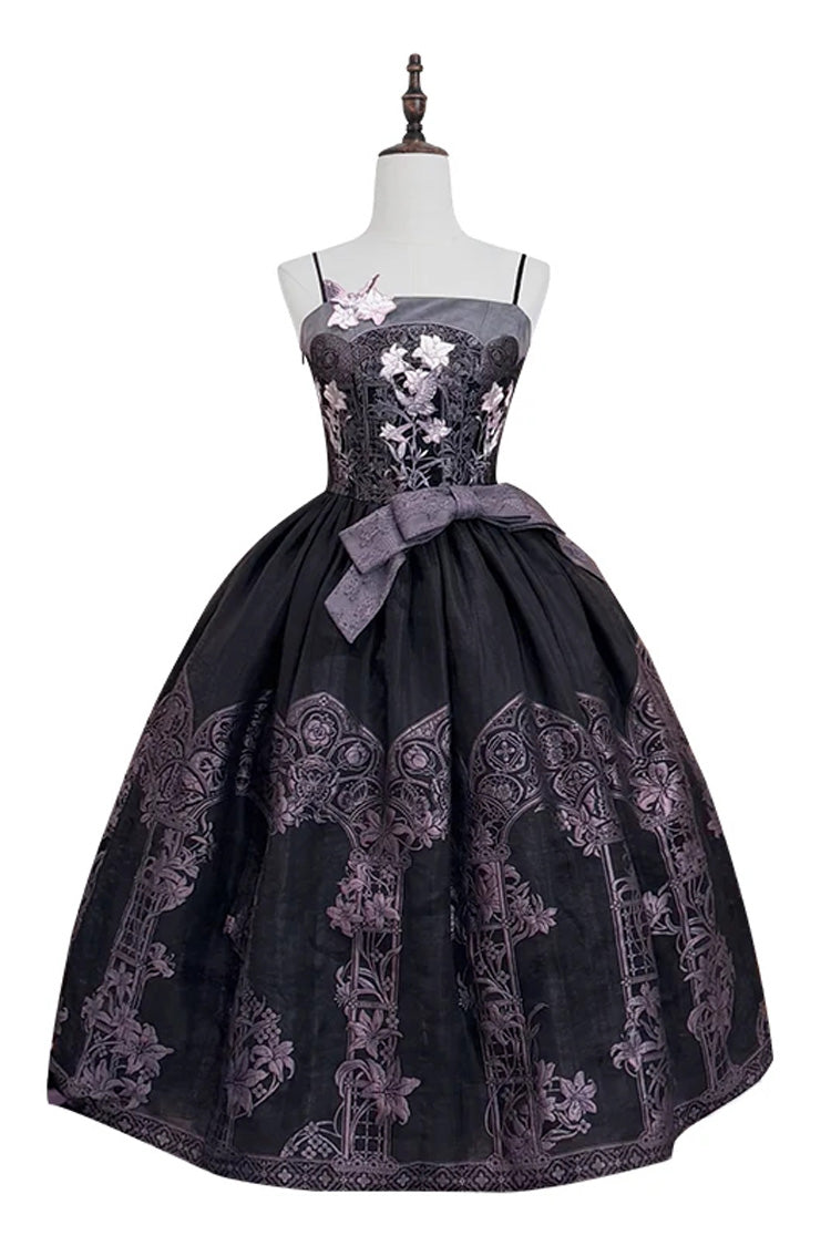 [Stained Glass Dream] Square Collar Sleeveless Printed Embroidered Bow Gothic Lolita Jsk Dress 2 Colors(Black/Purple, White/Purple) - Product - 3