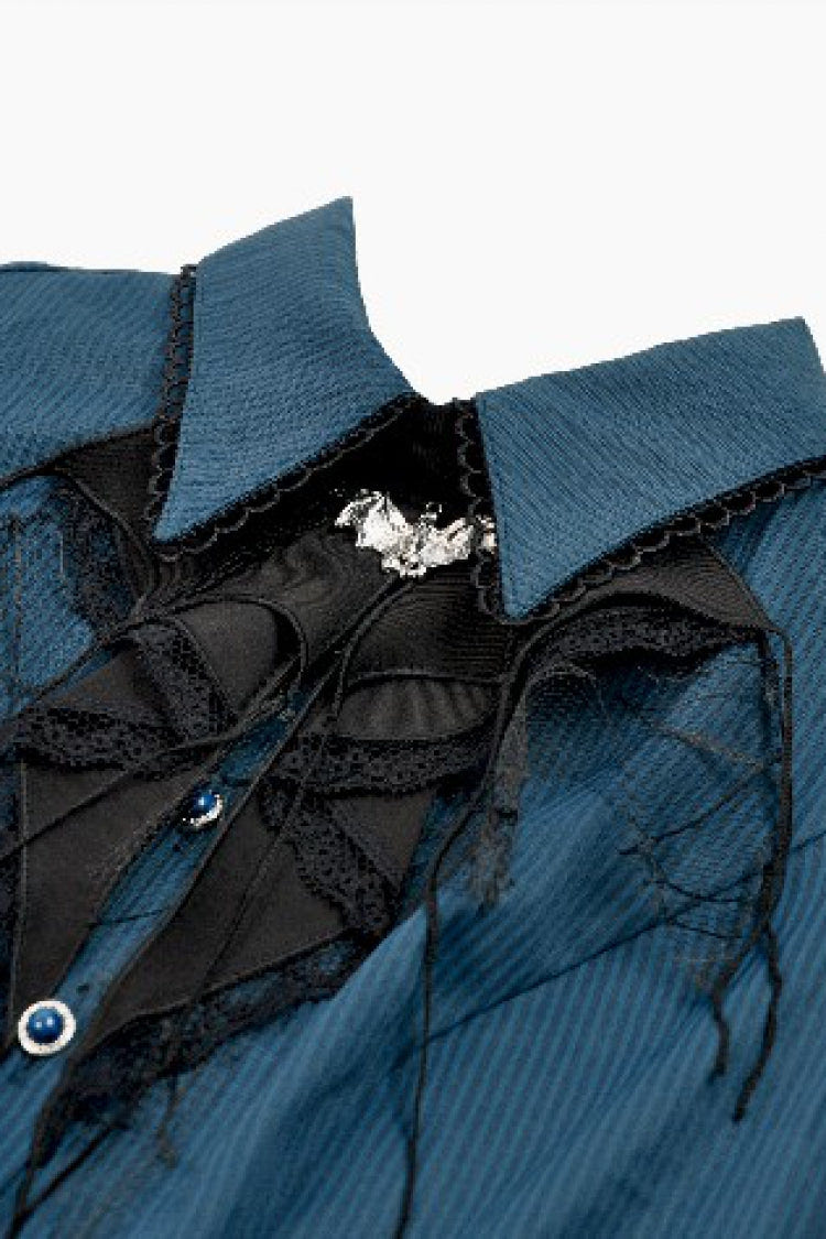 Blue Pinstripe Point Collar Short Puff Sleeves Women's Gothic Blouse with Detachable Bat Bow Tie - Product - 14