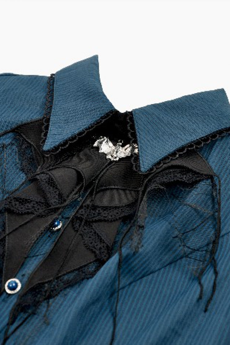Blue Pinstripe Point Collar Short Puff Sleeves Women's Gothic Blouse with Detachable Bat Bow Tie - Product - 14