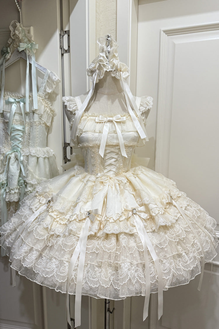 Apricot [Ribbon Heart Love] Sleeveless Multi-Layered Ruffle Bowknot Lace Lace-Up Sweet Princess Ballet Lolita Jsk Dress - Apricot - 1