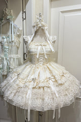 Apricot [Ribbon Heart Love] Sleeveless Multi-Layered Ruffle Bowknot Lace Lace-Up Sweet Princess Ballet Lolita Jsk Dress - Apricot - 1