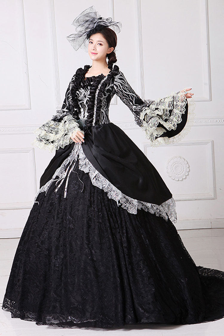 Black Multi-Layer Lace Stitching Trumpet Sleeves High Waisted Hollow Floral Embroidery Victorian Lolita Prom Dress - Product - 2