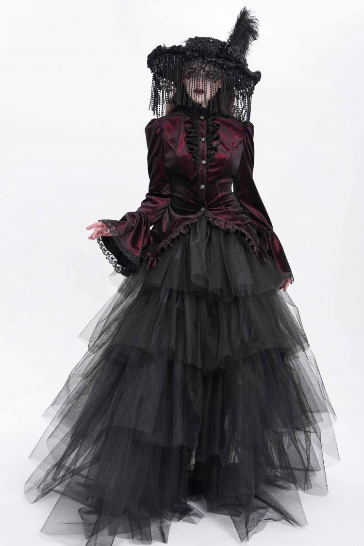 Red Stand Collar Long Trumpet Sleeves Ruffle Swallow-tailed Women's Gothic Blouse - Product - 10