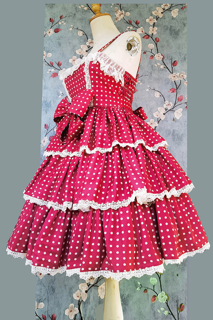 Red [Cloth Cat] Triple-Layered Polka Dots Print Ruffle Bowknot Sweet Lolita Dress - Product - 3