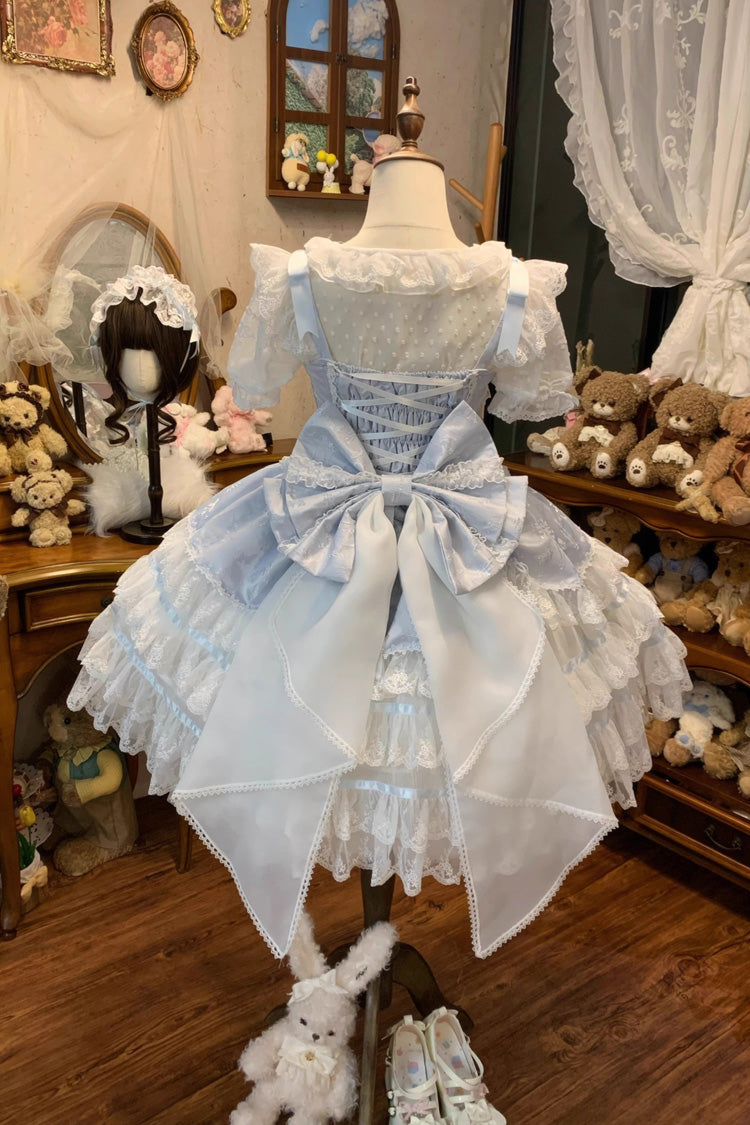 Blue [Snow Kissed Romance] Sleeveless High Waisted Multi-Layered Bowknot Lace Pearl Sweet Ballet Lolita Jsk Dress - Product - 2