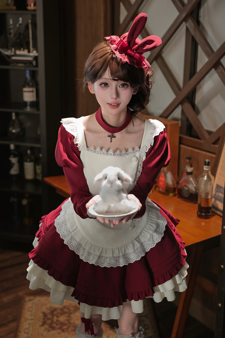 [Liya] Square Collar Long Lantern Sleeves Multi-Layered Ruffled Classic Elegant Lolita Dress 2 Colors (Black, Red) - Product - 17