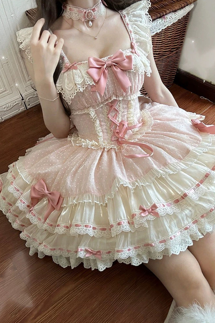 Pink Triple-Layered Bowknot Lace-Up Sweet Princess Ballet Lolita Jsk Dress - Product - 7