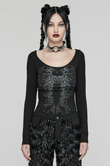 Black Long Sleeves Skeleton Print Women's Gothic T-Shirt - Black - 1