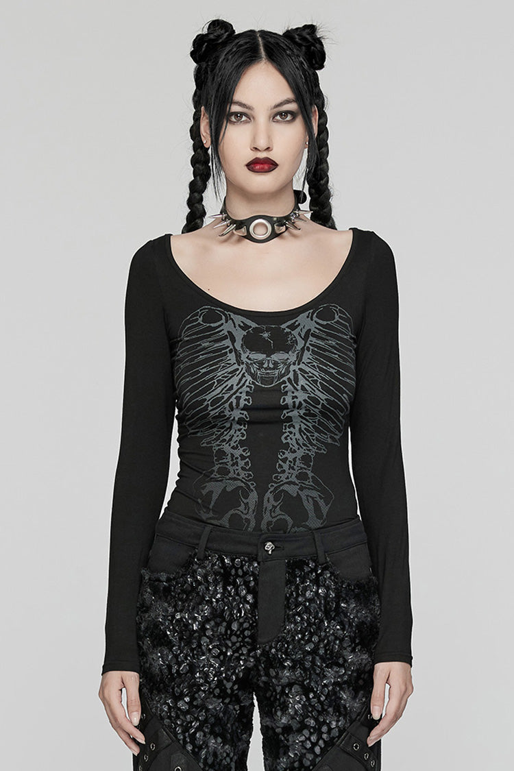 Black Long Sleeves Skeleton Print Women's Gothic T-Shirt - Black - 1
