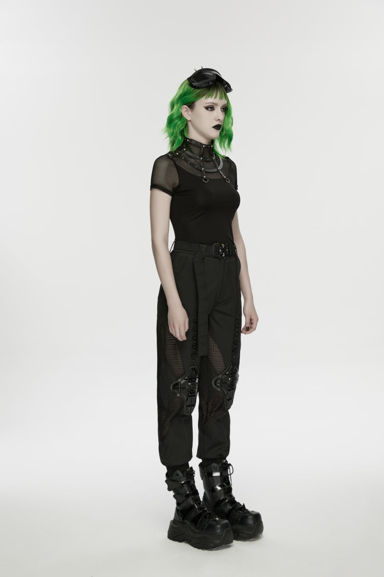 Black Stand Collar Short Sleeves Zippered Women's Punk Rivets&Eyelets T-Shirt - Product - 2