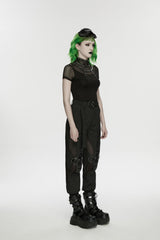 Black Stand Collar Short Sleeves Zippered Women's Punk Rivets&Eyelets T-Shirt - Product - 2