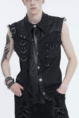 Black Sleeveless Buckle Splice Unedged Men's Punk Vest - Black - 1