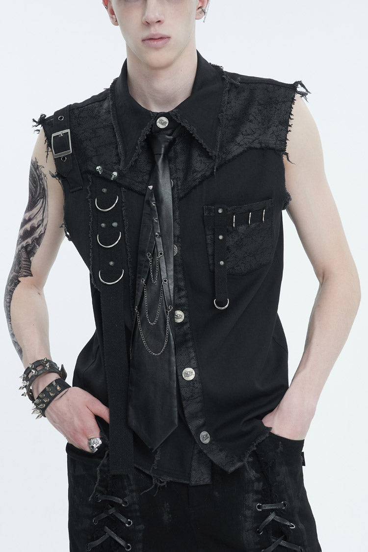 Black Sleeveless Buckle Splice Unedged Men's Punk Vest - Black - 1